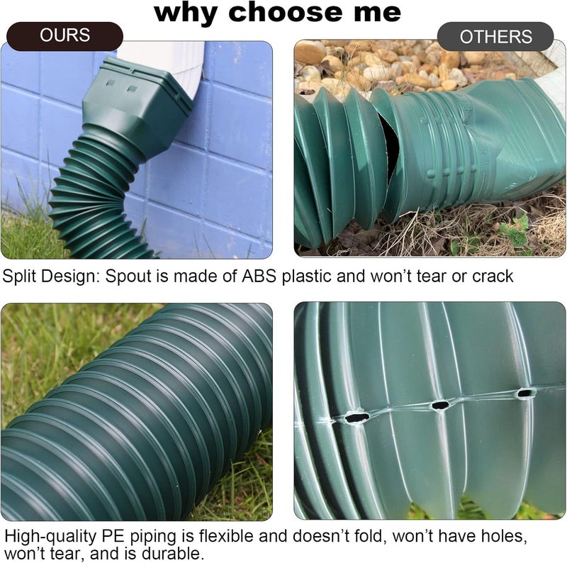 plusgutter 11.5ft Long Gutter Downspout Extensions Flexible, Drain Downspout Extender, Down Spout Drain Extender, Gutter Connector Rainwater Drainage, Extendable from 2.6ft to 11.5ft(2Pack, Green) - Image 2